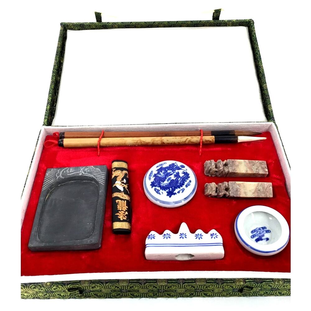 Vintage 1960s Chinese Calligraphy Scholar Writing Set Inkstone Seals Box